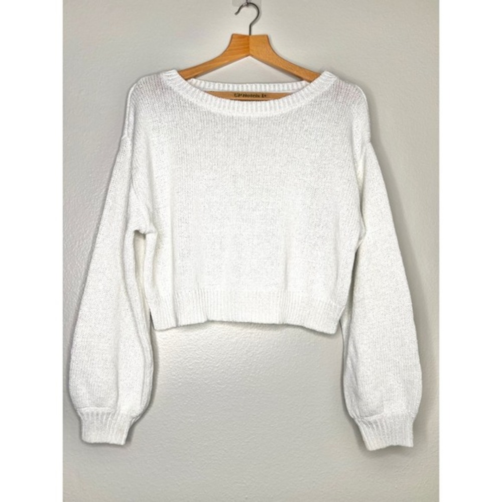 Monday‎ BRAMPTON ISLAND SWEATER - WHITE Knit Cropped Balloon Sleeve Boat Neck M